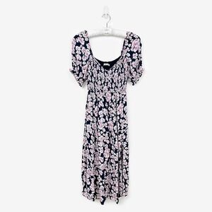 Abercrombie & Fitch Smocked Floral Midi Dress Size M Navy Pink Cottage Romantic